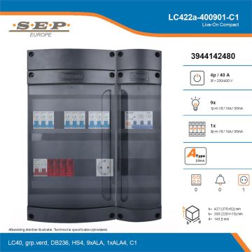 SEP Live-On Compact, LC422a-400901-C1, 40A, 3-fase groepenkast, 9-lichtgroepen, 1-krachtgroepen,  1V-contactdoos, technische details