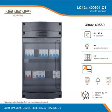 SEP Live-On Compact, LC42a-400901-C1, 40A, 3-fase groepenkast, 9-lichtgroepen, 1-krachtgroepen,  1V-contactdoos, technische details