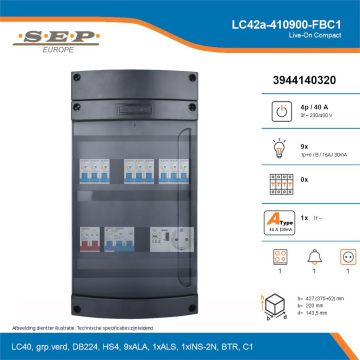 SEP Live-On Compact, LC42a-410900-FBC1, 40A, 3-fase groepenkast, 9-lichtgroepen, 1-fornuisgroep, 1-beltrafo,  1V-contactdoos, technische details