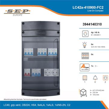 SEP Live-On Compact, LC42a-410900-FC2, 40A, 3-fase groepenkast, 9-lichtgroepen, 1-fornuisgroep,  2V-contactdoos, technische details