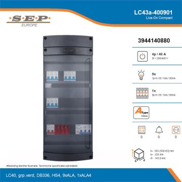 SEP Live-On Compact, LC43a-400901, 40A, 3-fase groepenkast, 9-lichtgroepen, 1-krachtgroepen, technische details