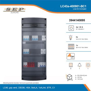 SEP Live-On Compact, LC43a-400901-BC1, 40A, 3-fase groepenkast, 9-lichtgroepen, 1-krachtgroepen, 1-beltrafo,  1V-contactdoos, technische details