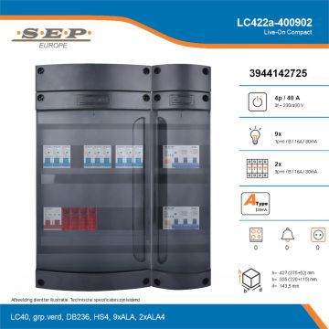 SEP Live-On Compact, LC422a-400902, 40A, 3-fase groepenkast, 9-lichtgroepen, 2-krachtgroepen, technische details