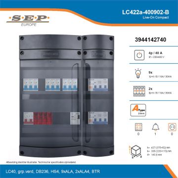 SEP Live-On Compact, LC422a-400902-B, 40A, 3-fase groepenkast, 9-lichtgroepen, 2-krachtgroepen, 1-beltrafo, technische details