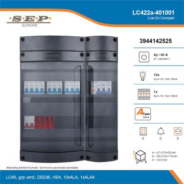 SEP Live-On Compact, LC422a-401001, 40A, 3-fase groepenkast, 10-lichtgroepen, 1-krachtgroepen, technische details