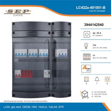 SEP Live-On Compact, LC422a-401001-B, 40A, 3-fase groepenkast, 10-lichtgroepen, 1-krachtgroepen, 1-beltrafo, technische details