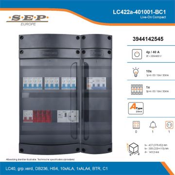 SEP Live-On Compact, LC422a-401001-BC1, 40A, 3-fase groepenkast, 10-lichtgroepen, 1-krachtgroepen, 1-beltrafo,  1V-contactdoos, technische details