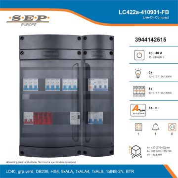 SEP Live-On Compact, LC422a-410901-FB, 40A, 3-fase groepenkast, 9-lichtgroepen, 1-krachtgroepen, 1-fornuisgroep, 1-beltrafo, technische details