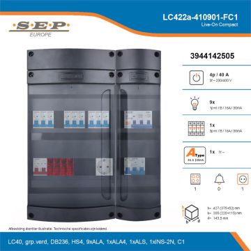 SEP Live-On Compact, LC422a-410901-FC1, 40A, 3-fase groepenkast, 9-lichtgroepen, 1-krachtgroepen, 1-fornuisgroep,  1V-contactdoos, technische details