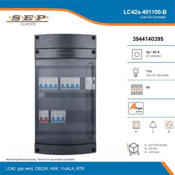 SEP Live-On Compact, LC42a-401100-B, 40A, 3-fase groepenkast, 11-lichtgroepen, 1-beltrafo, technische details