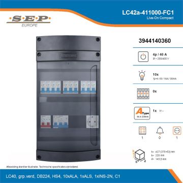SEP Live-On Compact, LC42a-411000-FC1, 40A, 3-fase groepenkast, 10-lichtgroepen, 1-fornuisgroep,  1V-contactdoos, technische details