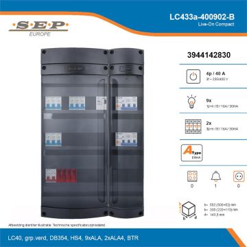 SEP Live-On Compact, LC433a-400902-B, 40A, 3-fase groepenkast, 9-lichtgroepen, 2-krachtgroepen, 1-beltrafo, technische details