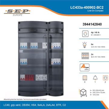 SEP Live-On Compact, LC433a-400902-BC2, 40A, 3-fase groepenkast, 9-lichtgroepen, 2-krachtgroepen, 1-beltrafo,  2V-contactdoos, technische details