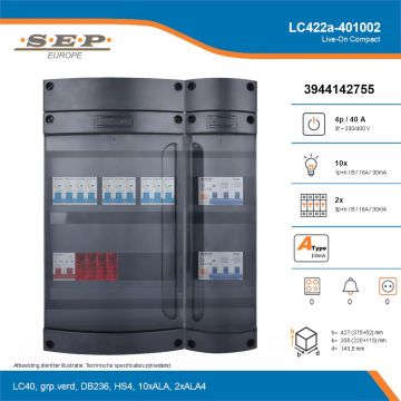 SEP Live-On Compact, LC422a-401002, 40A, 3-fase groepenkast, 10-lichtgroepen, 2-krachtgroepen, technische details