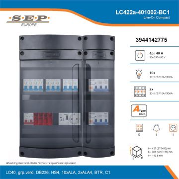 SEP Live-On Compact, LC422a-401002-BC1, 40A, 3-fase groepenkast, 10-lichtgroepen, 2-krachtgroepen, 1-beltrafo,  1V-contactdoos, technische details