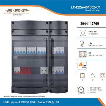 SEP Live-On Compact, LC422a-401002-C1, 40A, 3-fase groepenkast, 10-lichtgroepen, 2-krachtgroepen,  1V-contactdoos, technische details