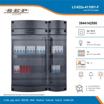 SEP Live-On Compact, LC422a-411001-F, 40A, 3-fase groepenkast, 10-lichtgroepen, 1-krachtgroepen, 1-fornuisgroep, technische details