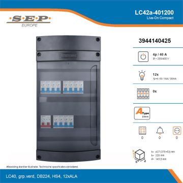 SEP Live-On Compact, LC42a-401200, 40A, 3-fase groepenkast, 12-lichtgroepen, technische details