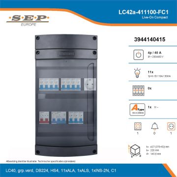 SEP Live-On Compact, LC42a-411100-FC1, 40A, 3-fase groepenkast, 11-lichtgroepen, 1-fornuisgroep,  1V-contactdoos, technische details