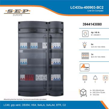 SEP Live-On Compact, LC433a-400903-BC2, 40A, 3-fase groepenkast, 9-lichtgroepen, 3-krachtgroepen, 1-beltrafo,  2V-contactdoos, technische details