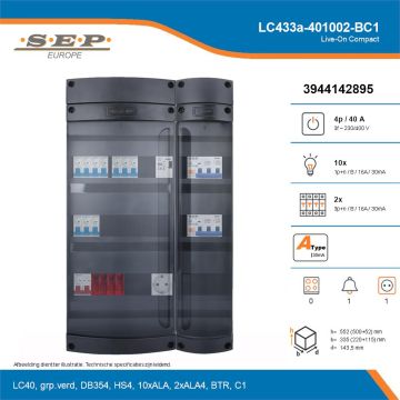 SEP Live-On Compact, LC433a-401002-BC1, 40A, 3-fase groepenkast, 10-lichtgroepen, 2-krachtgroepen, 1-beltrafo,  1V-contactdoos, technische details