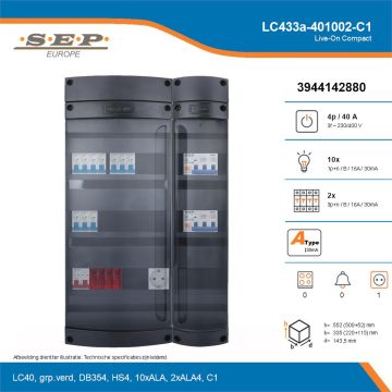 SEP Live-On Compact, LC433a-401002-C1, 40A, 3-fase groepenkast, 10-lichtgroepen, 2-krachtgroepen,  1V-contactdoos, technische details