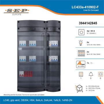 SEP Live-On Compact, LC433a-410902-F, 40A, 3-fase groepenkast, 9-lichtgroepen, 2-krachtgroepen, 1-fornuisgroep, technische details