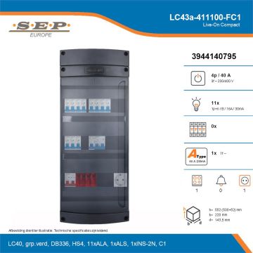 SEP Live-On Compact, LC43a-411100-FC1, 40A, 3-fase groepenkast, 11-lichtgroepen, 1-fornuisgroep,  1V-contactdoos, technische details