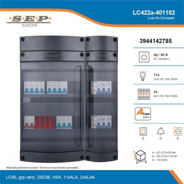 SEP Live-On Compact, LC422a-401102, 40A, 3-fase groepenkast, 11-lichtgroepen, 2-krachtgroepen, technische details