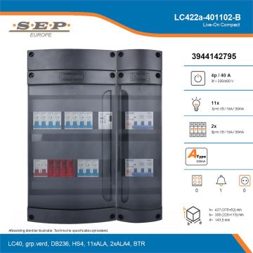 SEP Live-On Compact, LC422a-401102-B, 40A, 3-fase groepenkast, 11-lichtgroepen, 2-krachtgroepen, 1-beltrafo, technische details