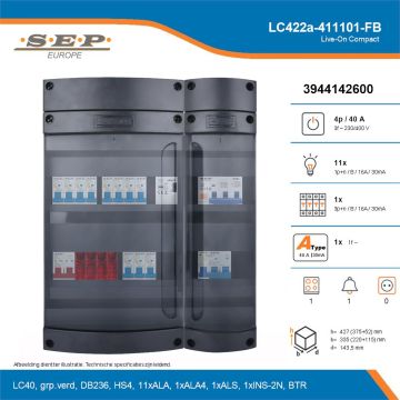 SEP Live-On Compact, LC422a-411101-FB, 40A, 3-fase groepenkast, 11-lichtgroepen, 1-krachtgroepen, 1-fornuisgroep, 1-beltrafo, technische details