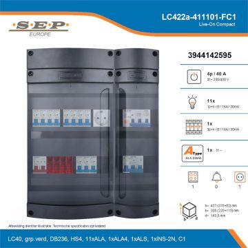 SEP Live-On Compact, LC422a-411101-FC1, 40A, 3-fase groepenkast, 11-lichtgroepen, 1-krachtgroepen, 1-fornuisgroep,  1V-contactdoos, technische details
