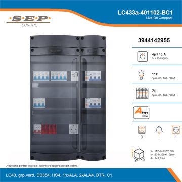 SEP Live-On Compact, LC433a-401102-BC1, 40A, 3-fase groepenkast, 11-lichtgroepen, 2-krachtgroepen, 1-beltrafo,  1V-contactdoos, technische details
