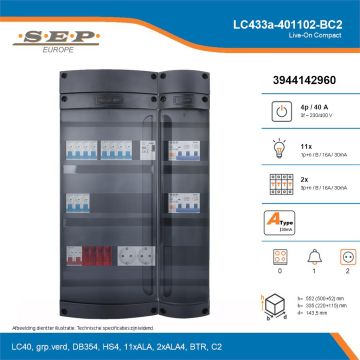 SEP Live-On Compact, LC433a-401102-BC2, 40A, 3-fase groepenkast, 11-lichtgroepen, 2-krachtgroepen, 1-beltrafo,  2V-contactdoos, technische details