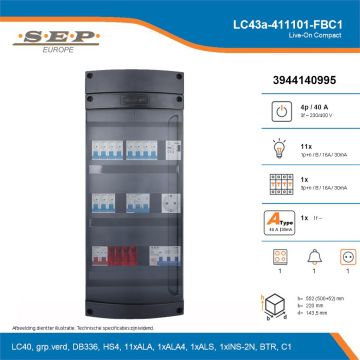 SEP Live-On Compact, LC43a-411101-FBC1, 40A, 3-fase groepenkast, 11-lichtgroepen, 1-krachtgroepen, 1-fornuisgroep, 1-beltrafo,  1V-contactdoos, technische details