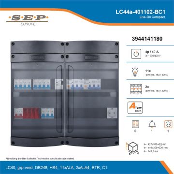 SEP Live-On Compact, LC44a-401102-BC1, 40A, 3-fase groepenkast, 11-lichtgroepen, 2-krachtgroepen, 1-beltrafo,  1V-contactdoos, technische details