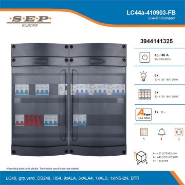 SEP Live-On Compact, LC44a-410903-FB, 40A, 3-fase groepenkast, 9-lichtgroepen, 3-krachtgroepen, 1-fornuisgroep, 1-beltrafo, technische details