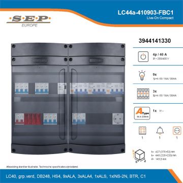 SEP Live-On Compact, LC44a-410903-FBC1, 40A, 3-fase groepenkast, 9-lichtgroepen, 3-krachtgroepen, 1-fornuisgroep, 1-beltrafo,  1V-contactdoos, technische details