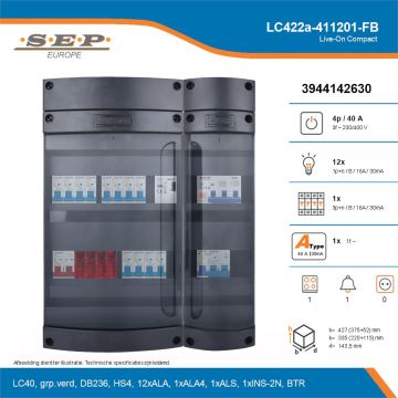 SEP Live-On Compact, LC422a-411201-FB, 40A, 3-fase groepenkast, 12-lichtgroepen, 1-krachtgroepen, 1-fornuisgroep, 1-beltrafo, technische details