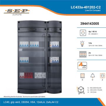 SEP Live-On Compact, LC433a-401202-C2, 40A, 3-fase groepenkast, 12-lichtgroepen, 2-krachtgroepen,  2V-contactdoos, technische details