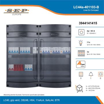 SEP Live-On Compact, LC44a-401103-B, 40A, 3-fase groepenkast, 11-lichtgroepen, 3-krachtgroepen, 1-beltrafo, technische details