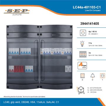 SEP Live-On Compact, LC44a-401103-C1, 40A, 3-fase groepenkast, 11-lichtgroepen, 3-krachtgroepen,  1V-contactdoos, technische details