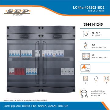 SEP Live-On Compact, LC44a-401202-BC2, 40A, 3-fase groepenkast, 12-lichtgroepen, 2-krachtgroepen, 1-beltrafo,  2V-contactdoos, technische details