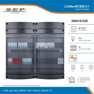 SEP Live-On Compact, LC44a-401202-C1, 40A, 3-fase groepenkast, 12-lichtgroepen, 2-krachtgroepen,  1V-contactdoos, technische details