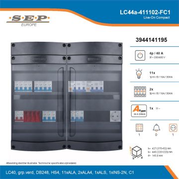SEP Live-On Compact, LC44a-411102-FC1, 40A, 3-fase groepenkast, 11-lichtgroepen, 2-krachtgroepen, 1-fornuisgroep,  1V-contactdoos, technische details