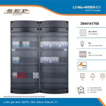 SEP Live-On Compact, LC46a-400905-C1, 40A, 3-fase groepenkast, 9-lichtgroepen, 5-krachtgroepen,  1V-contactdoos, technische details