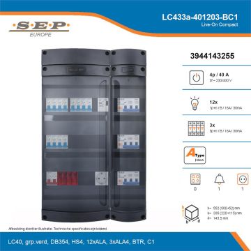 SEP Live-On Compact, LC433a-401203-BC1, 40A, 3-fase groepenkast, 12-lichtgroepen, 3-krachtgroepen, 1-beltrafo,  1V-contactdoos, technische details