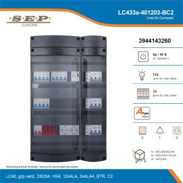 SEP Live-On Compact, LC433a-401203-BC2, 40A, 3-fase groepenkast, 12-lichtgroepen, 3-krachtgroepen, 1-beltrafo,  2V-contactdoos, technische details