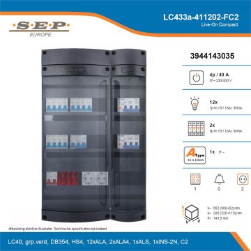 SEP Live-On Compact, LC433a-411202-FC2, 40A, 3-fase groepenkast, 12-lichtgroepen, 2-krachtgroepen, 1-fornuisgroep,  2V-contactdoos, technische details