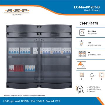 SEP Live-On Compact, LC44a-401203-B, 40A, 3-fase groepenkast, 12-lichtgroepen, 3-krachtgroepen, 1-beltrafo, technische details